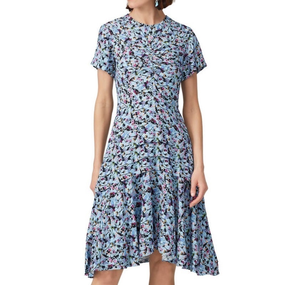 Jason Wu Floral Printed Short Sleeve Ruched Pleated Mini Day Dress Blue Sz 2